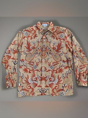 Vintage Batik Danar Hadi Solo Indonesia Phoenix Floral Long Sleeve Shirt XL 46